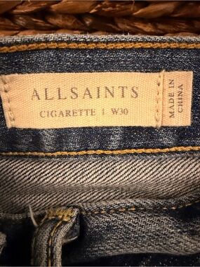 All Saints Blue Denim Jeans with Brown Leather Patch